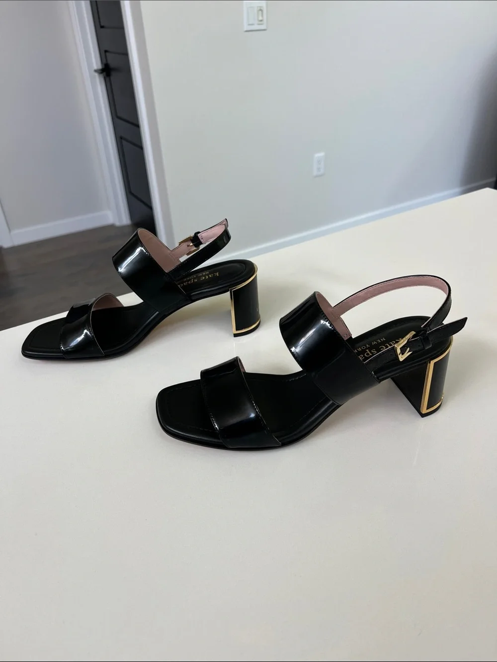 Kate Spade merritt black patent leather open toe heel sandals gold tone hardware